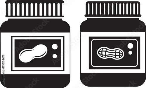 Two peanut butter jars with peanut illustration silhouette