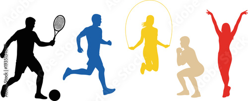 Sport, fitness, silhouettes, athletes, running, tennis, jumping, workout, training, exercise, active, people, vector, illustration, healthy, lifestyle, dynamic, movement, set, design