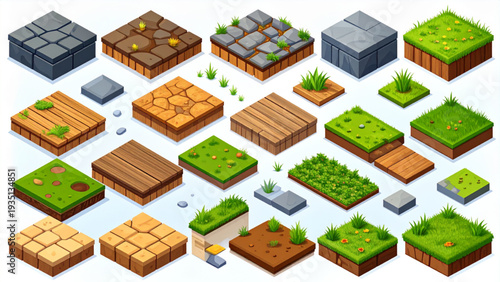 Isometric Game Tile Set – Stone, Grass, Sand and Dirt Ground Textures