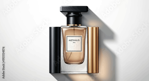 Luxury perfume bottle with golden cap and sleek design showcased on a white surface with elegant shadows