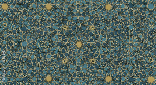 Intricate Pattern of Interconnected Geometric Shapes and Floral Motifs in a Kaleidoscope Design Viewed from Directly Above