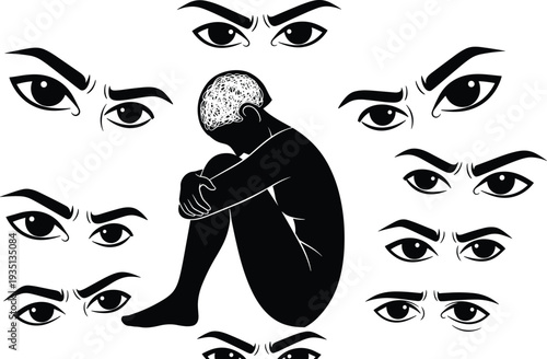 Conceptual vector illustration of a person sitting curled up in sadness while surrounded by many judging eyes, representing social anxiety, depression