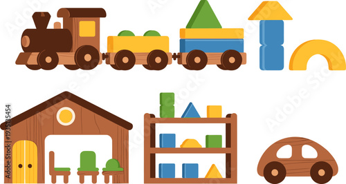 Wooden, toys, set, kids, train, blocks, house, car, cartoon, vector, illustration, nursery, playroom, children, colorful, clipart, toy, collection, design, cute