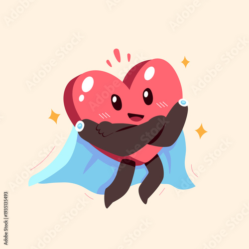 Vector cartoon healthy heart character with superhero cape
