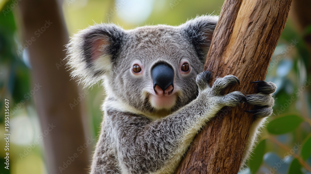 Fototapeta premium Koala sits on a branch in the forest
