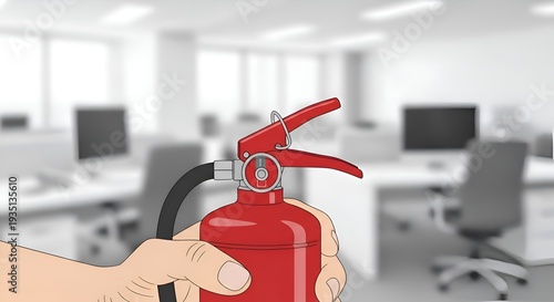 A hand holds a fire extinguisher for office safety and emergency preparedness.