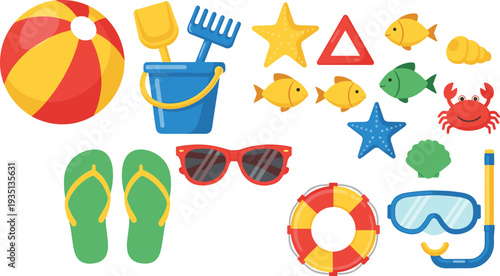 Summer, beach, icons, set, vacation, seaside, tropical, cartoon, vector, illustration, travel, holiday, ocean, accessories, clipart, colorful, marine, collection, fun, design