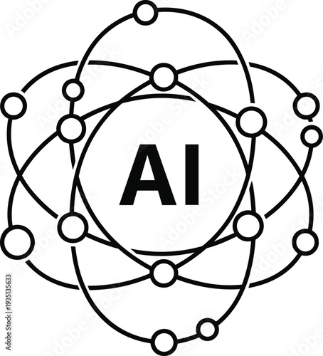 Artificial intelligence concept vector illustration featuring central AI text surrounded by orbital neural network nodes and interconnected digital data communication lines