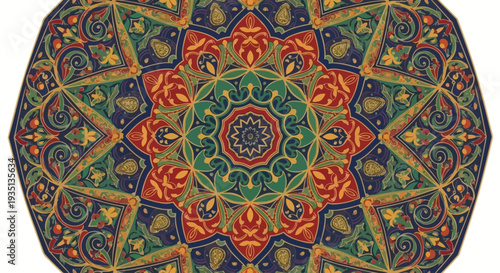 Vibrant mandala pattern with intricate floral designs and symmetrical shapes in a circular composition viewed from directly above