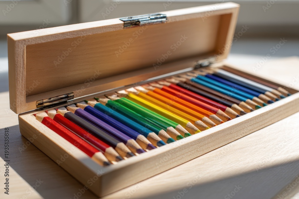 Naklejka premium Open wooden pencil box with colorful pencils arranged in a gradient on a light desk