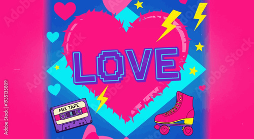 Vibrant Heart Illustration Featuring Roller Skate and Cassette Tape with LOVE Text