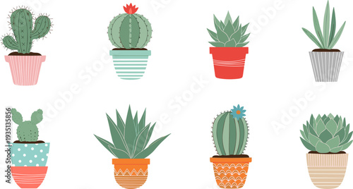 Cute, cactus, succulent, plants, potted, houseplants, cartoon, vector, illustration, collection, desert, botanical, clipart, indoor, garden, colorful, flat, design, set, decorative