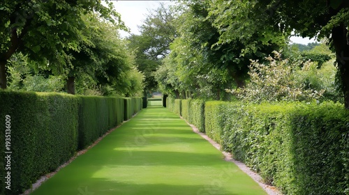 Garden pathway lined with trimmed hedges and trees