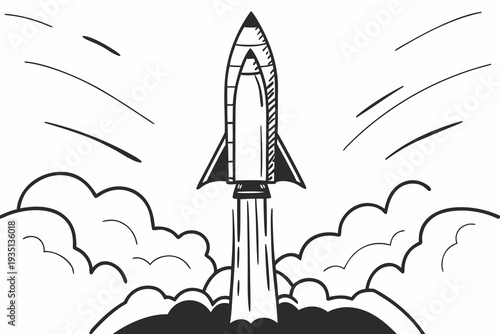 A black and white vector illustration of a rocket ship launching into the sky with clouds