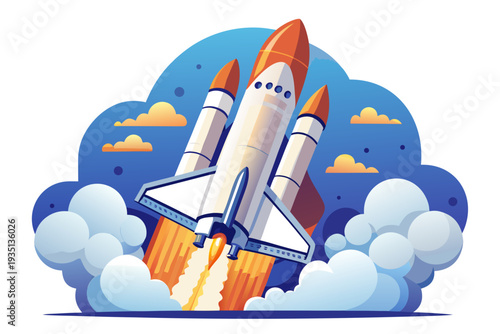 A colorful cartoon rocket ship blasting off into the sky with clouds and flames