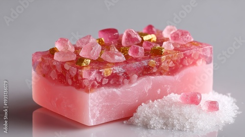 Pink artisan soap bar with salt crystals on surface