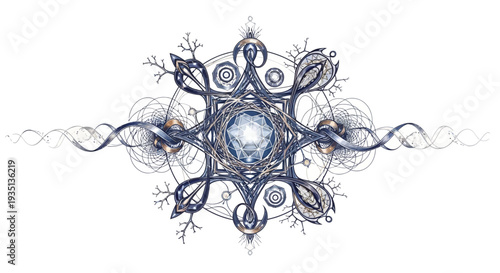 Intricate digital illustration of a symmetrical floral pattern with swirling shapes and abstract forms