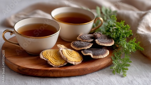Two teacups with reishi mushrooms and herbs on wooden board