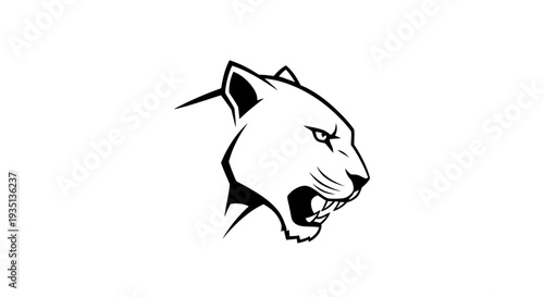 Fierce black and white illustration of a roaring big cat from a side profile view