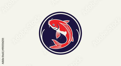 A vibrant red fish emblem enclosed within a circular border, surrounded by stylized waves