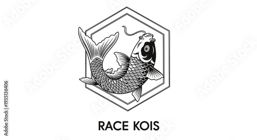An artistic black and white illustration of a koi fish inside a hexagonal frame, symbolizing elegance and serenity from a direct viewpoint.