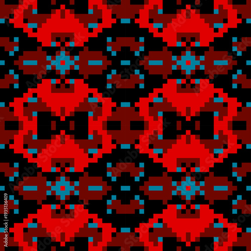 Ethnic geometric pattern with elements of traditional tribal folk style. Pixel art style. Seamless vector red pattern