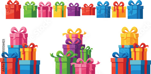 Colorful gift box vector set with various stacked and individual present packages featuring bright ribbons for birthday celebration christmas holiday and anniversary party surprise