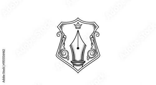 An intricate pen nib emblem surrounded by ornate shield design elements in a detailed illustration