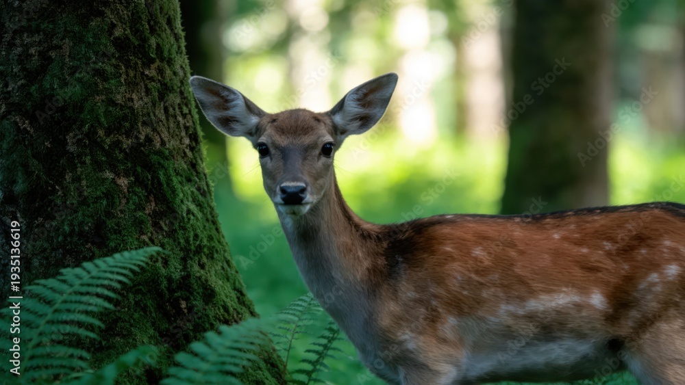 Fototapeta premium Young Fallow Deer Doe Standing Beside Mossy Tree Trunk in Lush Green Forest Looking Directly at Camera with Alert Expression Natural Wildlife Habitat Scene,Scene,Scene,Scene