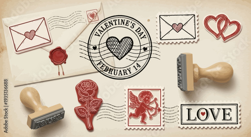Valentine's Day celebration with hearts, envelopes, and stamps on a textured background