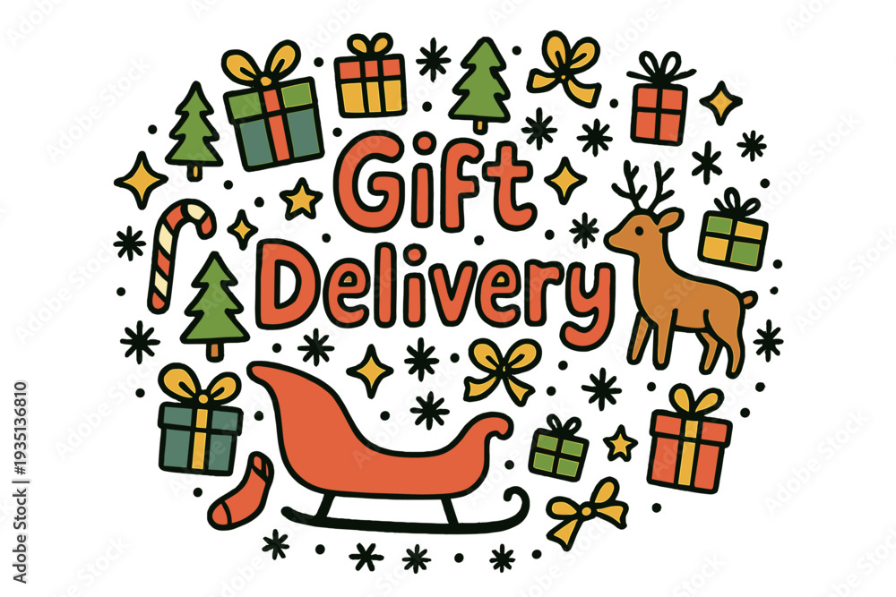Naklejka premium Festive Gift Delivery. Gift Delivery. Hand-drawn doodle illustration of Gift Delivery. Gifts, sleigh, ribbons,