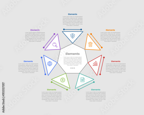 7 elements infographic comparison diagram with creative small triangle on circular cycle direction with dot line style 7 step for slide presentation