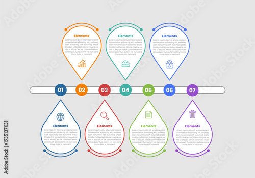 7 elements infographic comparison diagram with pin location gps marker timeline up and down on horizontal direction with dot line style 7 step for slide presentation