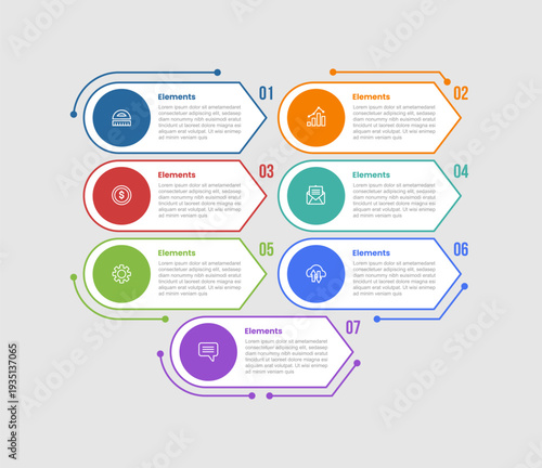 7 elements infographic comparison diagram with round rectangle box with circle inside and sharp pointy edge with dot line style 7 step for slide presentation