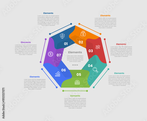 7 elements infographic comparison diagram with heptagon shape with strict shape and circular cycle with dot line style 7 step for slide presentation