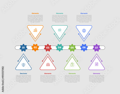 7 elements infographic comparison diagram with triangle shape timeline up and down with horizontal direction with dot line style 7 step for slide presentation