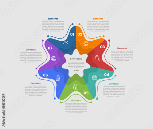 7 elements infographic comparison diagram with round star shape with smooth liquid edge shape with dot line style 7 step for slide presentation