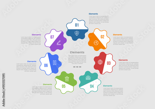 7 elements infographic comparison diagram with round gear cogwheel on circular cycle movement with dot line style 7 step for slide presentation