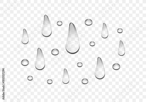 Realistic transparent water drops vector illustration on isolated background. Clear liquid water drops splash on surface top view fresh wet spray bubble. Clean water drops on transparent backdrop.