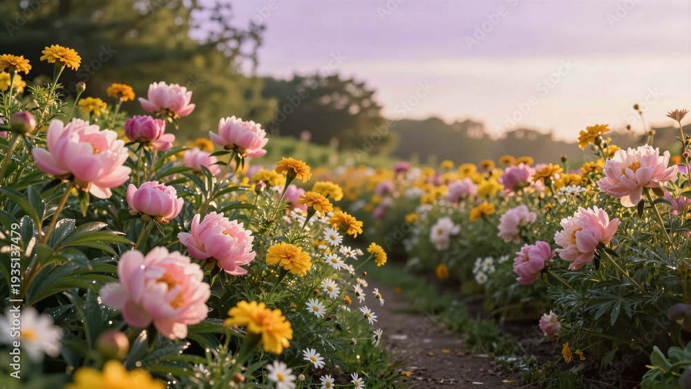 Obraz premium Rows of blooming flowers in pink, yellow, and white create a natural path through a lush garden. Soft focus on the background enhances the vibrant floral display.