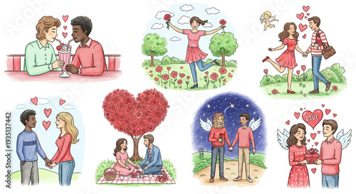 Couple enjoying a romantic evening together, holding hands, and surrounded by love hearts in a serene garden landscape illustration