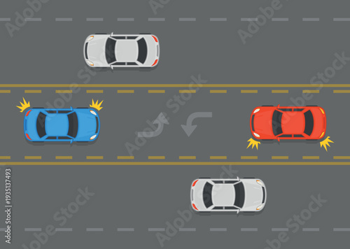 Traffic regulation rules and tips. Two way left turn lane. Top view of cars using center lane to make a left turn. Flat vector illustration template.