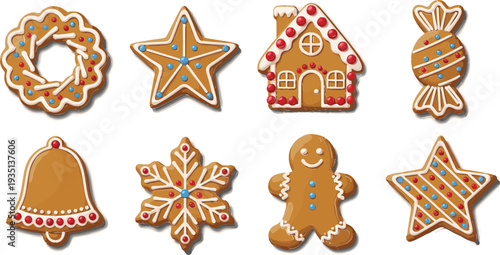 Set of Christmas Gingerbread Cookies Including Star, Snowflake, Bell, Candy, and Holiday House for Festive Dessert and Winter Holiday Design