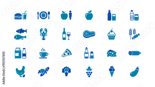 Flat grocery and fresh ingredient icon set including meat, vegetables, and dairy. Great for supermarkets and food businesses.