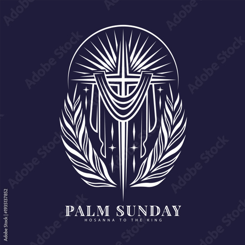 Palm sunday - White line cross crucifix with fabric hanging and palm leaves around and sunlight on dark purple background vector design
