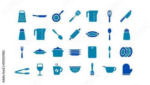 Simple flat kitchen tools and tableware icon set. Ideal for cooking websites, restaurant materials, and culinary content.