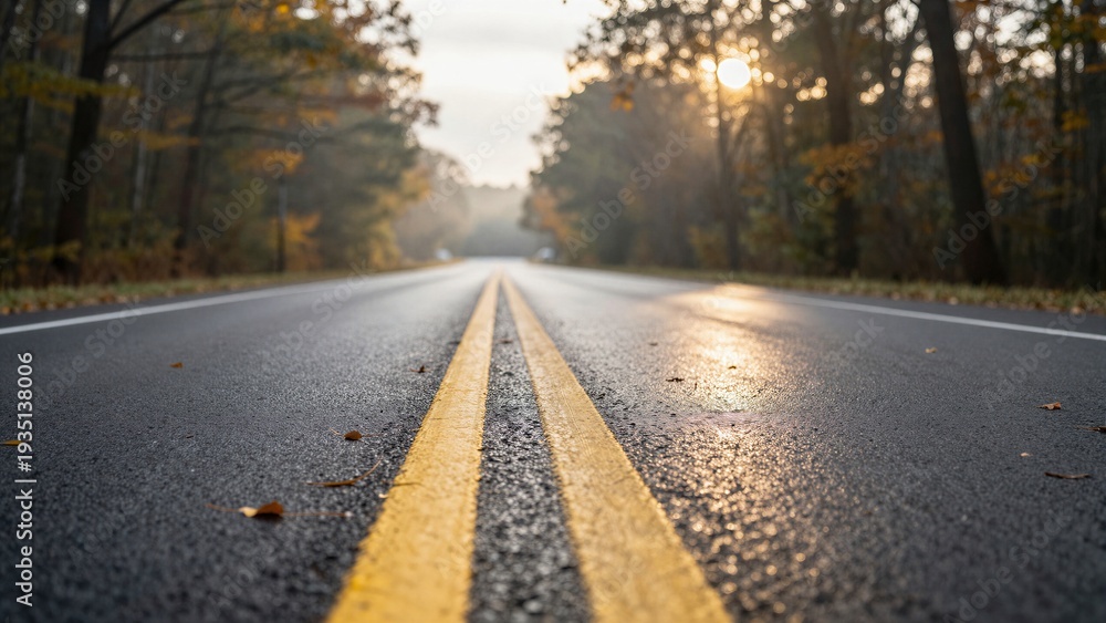 Fototapeta premium An empty asphalt road with yellow center lines curves through a forest in autumn. Wet pavement reflects the sun, surrounded by colorful fall foliage.