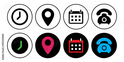 Clock Location Calendar Phone Round Icon Set Flat and Line Vector Collection