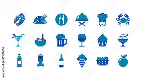 Modern flat restaurant menu icons including dishes, drinks, and desserts. Perfect for café menus and food-related branding.