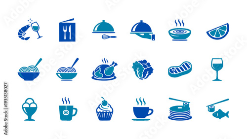 Flat seafood and fresh food icon collection featuring fish, shrimp, and healthy meals. Suitable for restaurant and market designs.